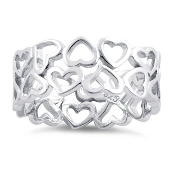 Sterling Silver Eternity Hearts Band Ring New - Picture 2 of 4